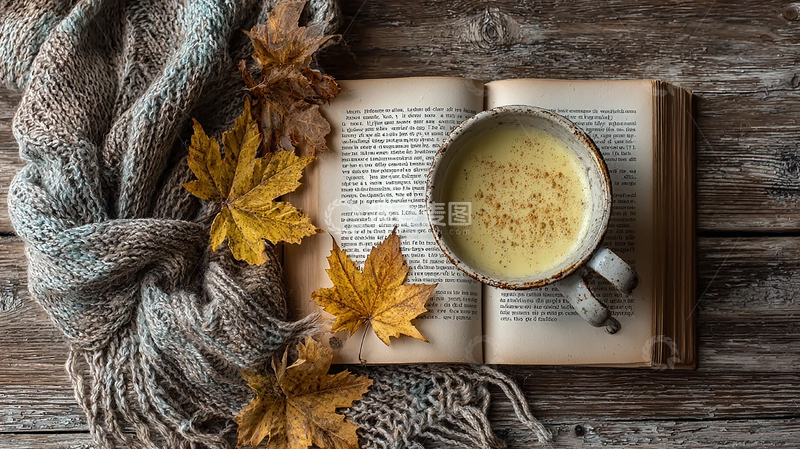 高清大图下载【趣麦麦图】秋日暖意书香与奶茶的邂逅