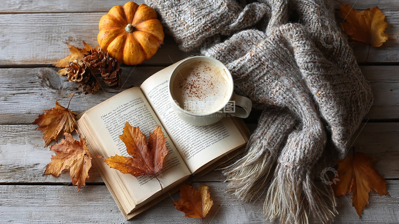 高清大图下载【趣麦麦图】秋日暖意书卷与香浓咖啡