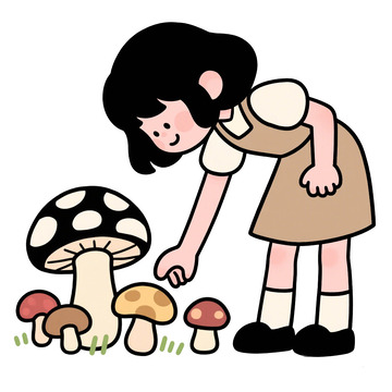 春天女孩摘蘑菇免抠元素