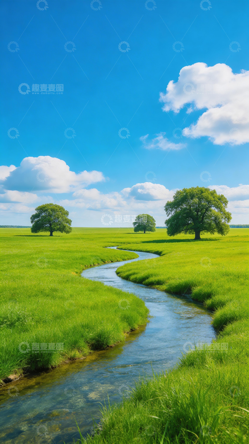 高清大图下载【趣麦麦图】草地小溪树木