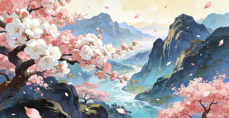 高清大图下载【趣麦麦图】山水樱花美景插画桃花装饰画