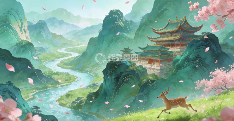 高清大图下载【趣麦麦图】古风山水楼阁插画桃花装饰画