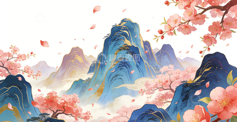 高清大图下载【趣麦麦图】古风山水樱花插画装饰画