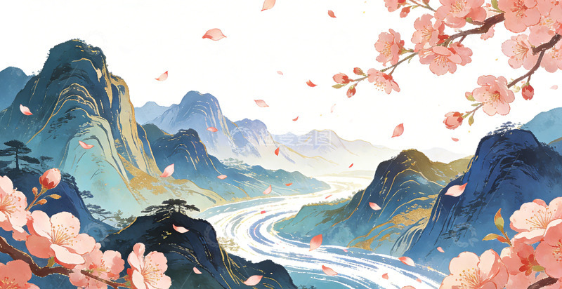 高清大图下载【趣麦麦图】古风山水樱花插画桃花装饰画