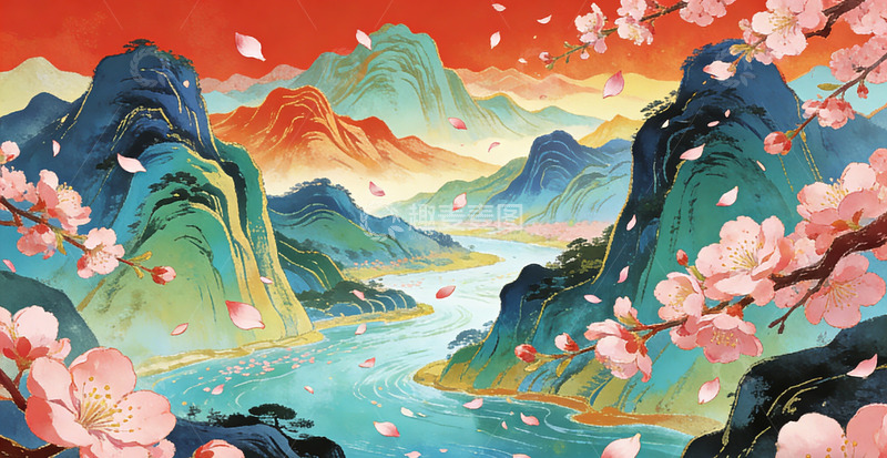高清大图下载【趣麦麦图】山水画古风樱花美景插画