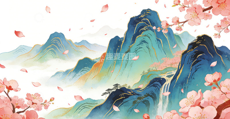 高清大图下载【趣麦麦图】山水插画古风山水画桃花装饰画