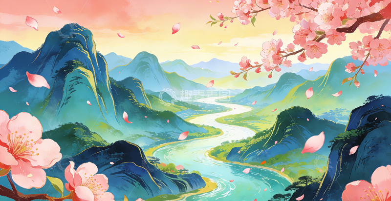 高清大图下载【趣麦麦图】国风山水插画河流美景桃花装饰画