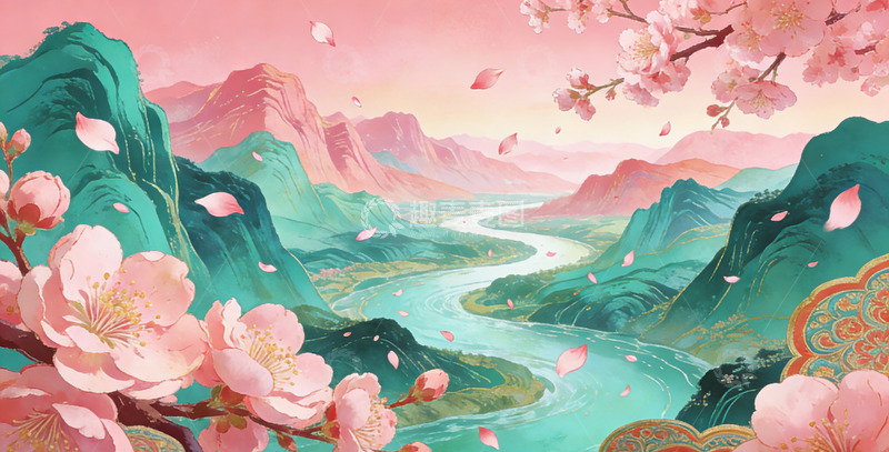 高清大图下载【趣麦麦图】山水画风景插画樱花飘落桃花装饰画
