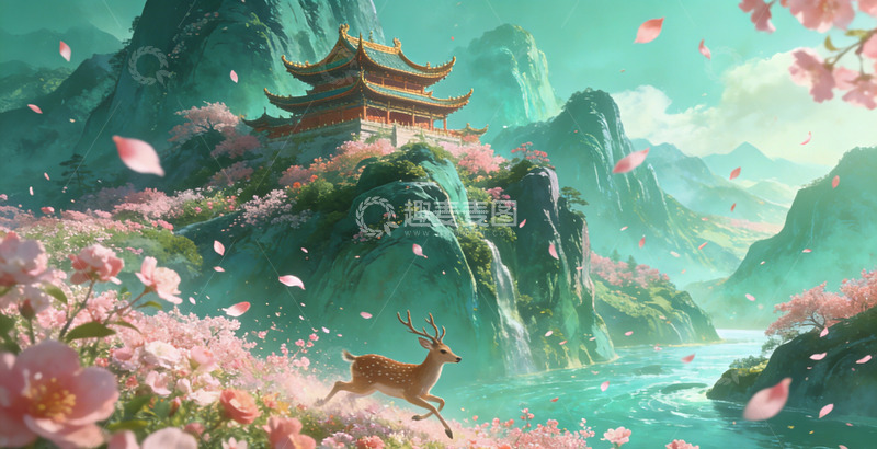 高清大图下载【趣麦麦图】古风山水樱花鹿景插画桃花装饰画