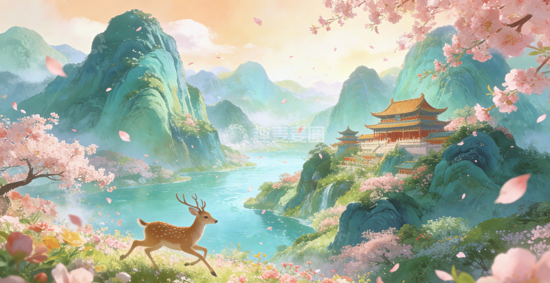 高清大图下载【趣麦麦图】古风山水鹿舞樱花景桃花装饰画