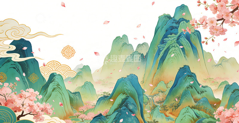 高清大图下载【趣麦麦图】山水画古风美景插画桃花装饰画