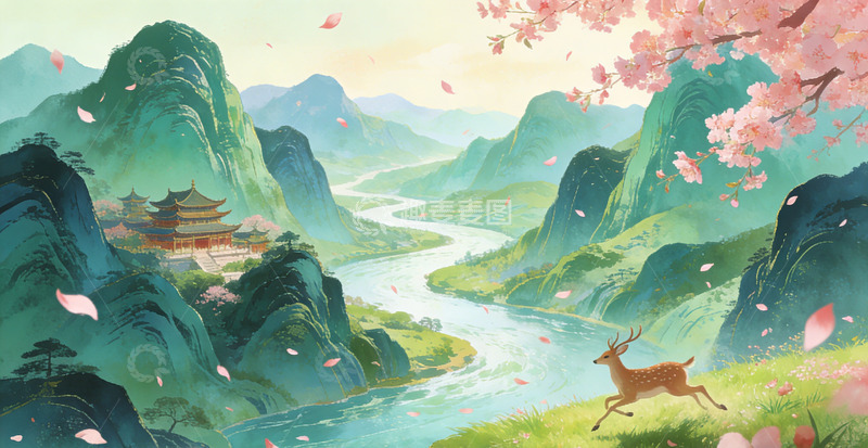 高清大图下载【趣麦麦图】山水风光插画古风建筑小鹿桃花装饰画