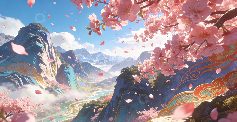 高清大图下载【趣麦麦图】山水画樱花仙境幻想艺术插画装饰画