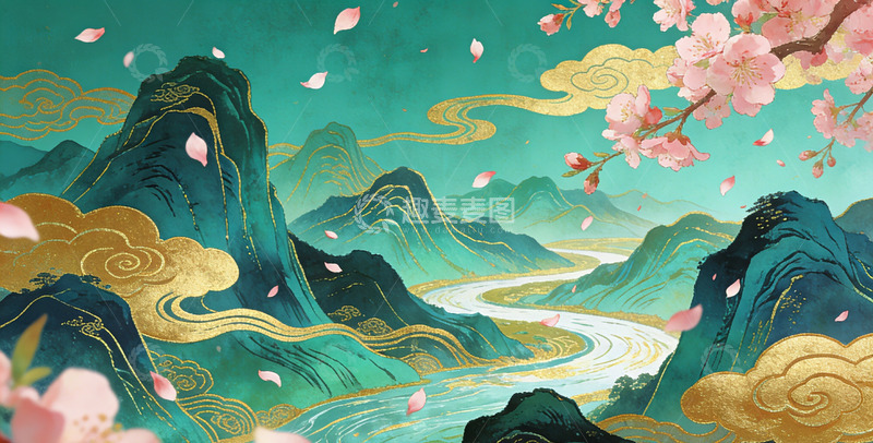 高清大图下载【趣麦麦图】古风山水樱花插画桃花装饰画
