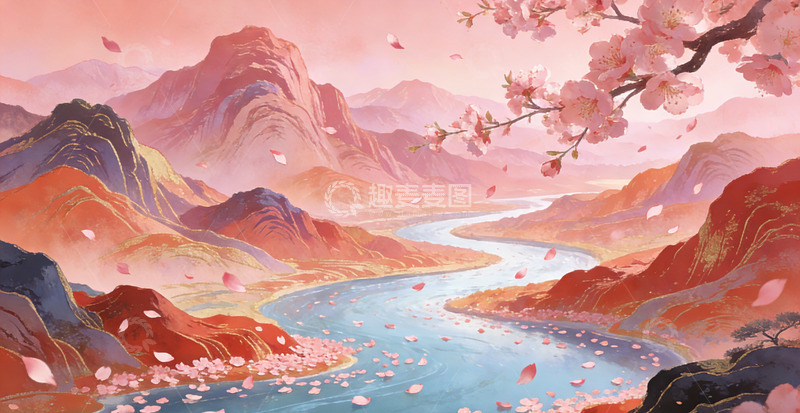 高清大图下载【趣麦麦图】古风山水樱花美景插画桃花装饰画
