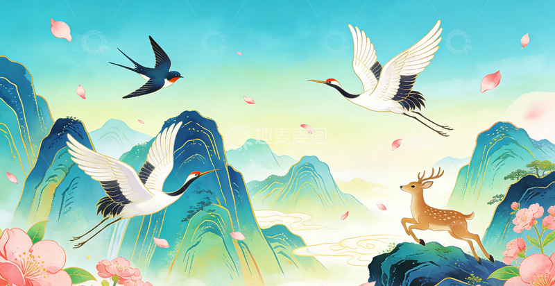 高清大图下载【趣麦麦图】古风山水画燕子梅花鹿图桃花装饰画