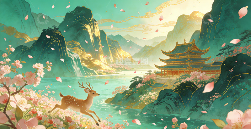 高清大图下载【趣麦麦图】东方意境山水建筑插画桃花装饰画