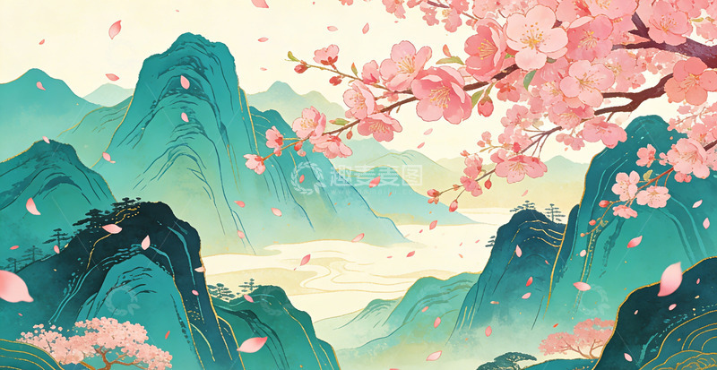 高清大图下载【趣麦麦图】国风山水画樱花盛开景象桃花装饰画