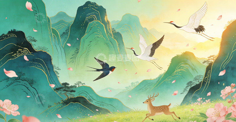 高清大图下载【趣麦麦图】山水画风格飞鸟鹿景插画桃花装饰画