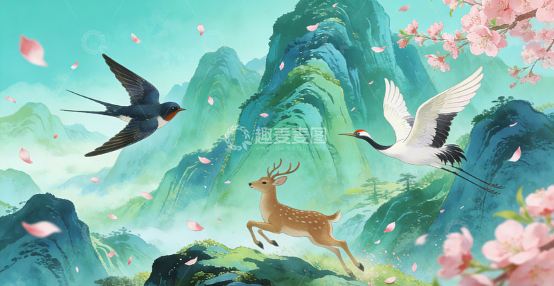 高清大图下载【趣麦麦图】国风山水花鸟画桃花装饰画