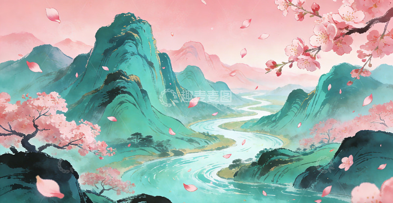 高清大图下载【趣麦麦图】山水插画樱花飘落桃花装饰画