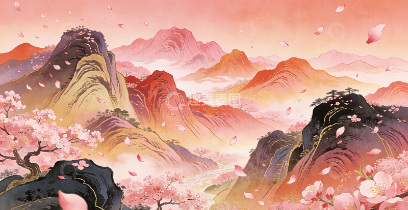 高清大图下载【趣麦麦图】水墨山水桃花仙境插画桃花装饰画