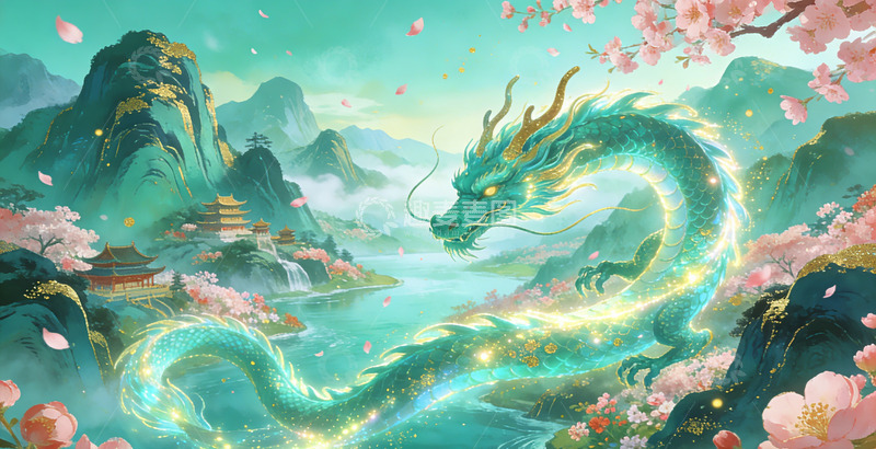 高清大图下载【趣麦麦图】东方神话青龙山水画卷桃花装饰画