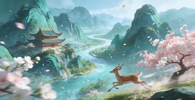 高清大图下载【趣麦麦图】古风山水小鹿樱花美景桃花装饰画