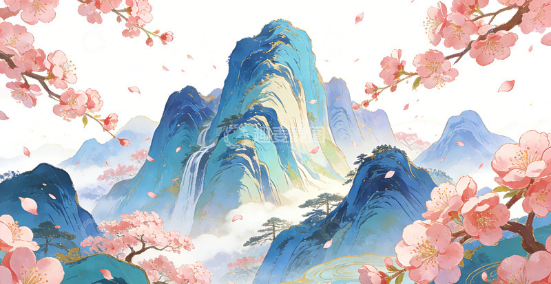 高清大图下载【趣麦麦图】中国风山水画樱花美景插画桃花装饰画