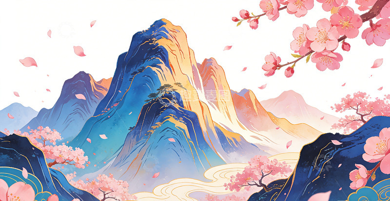高清大图下载【趣麦麦图】东方山水樱花风景插画