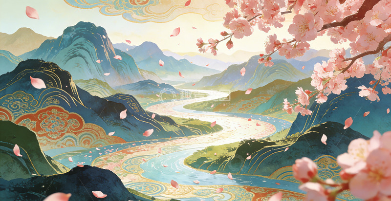 高清大图下载【趣麦麦图】国风山水樱花插画桃花装饰画