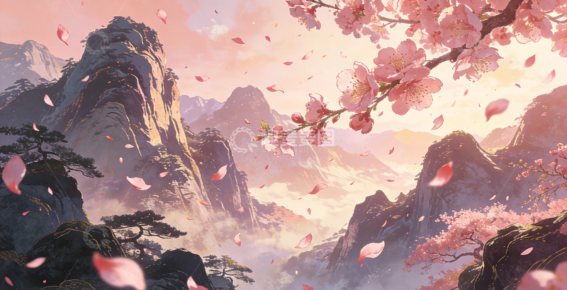高清大图下载【趣麦麦图】山水画风格樱花飞舞美景桃花装饰画
