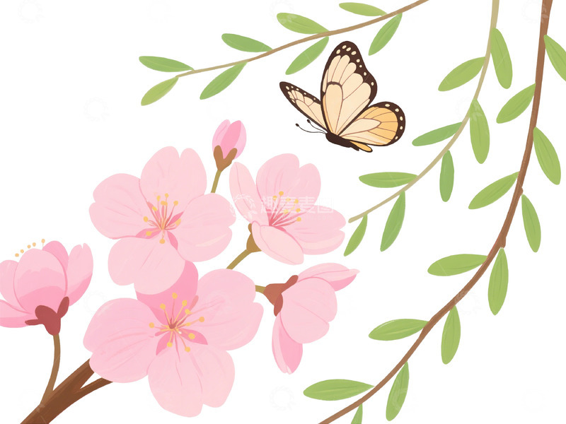 高清大图下载【趣麦麦图】春日樱花与蝴蝶矢量插画