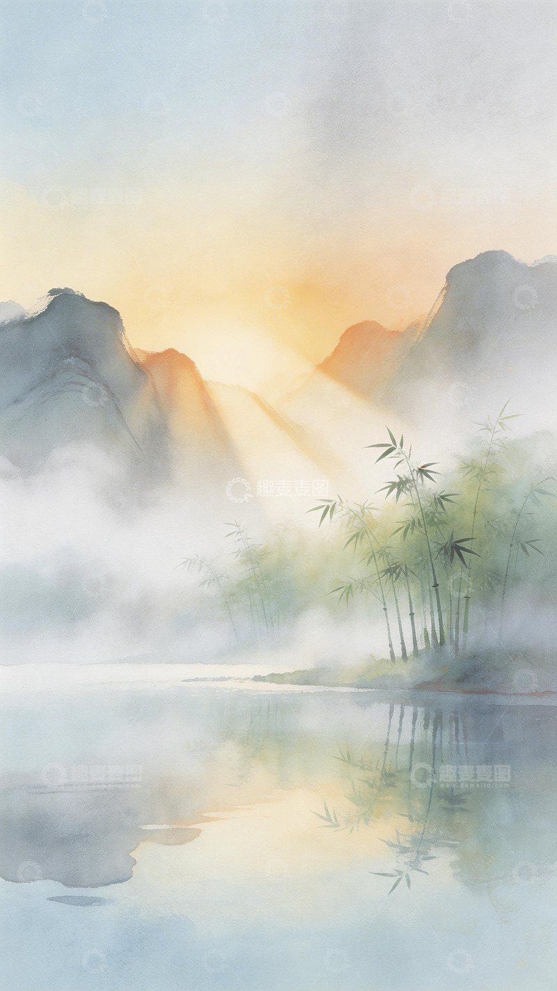 高清大图下载【趣麦麦图】水墨山水竹林晨曦风景画