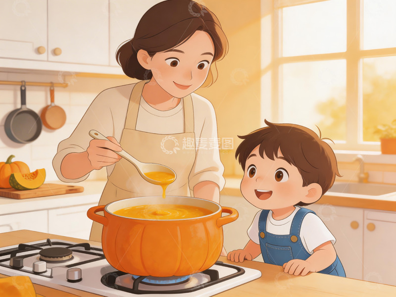高清大图下载【趣麦麦图】插画风格亲子厨房场景3