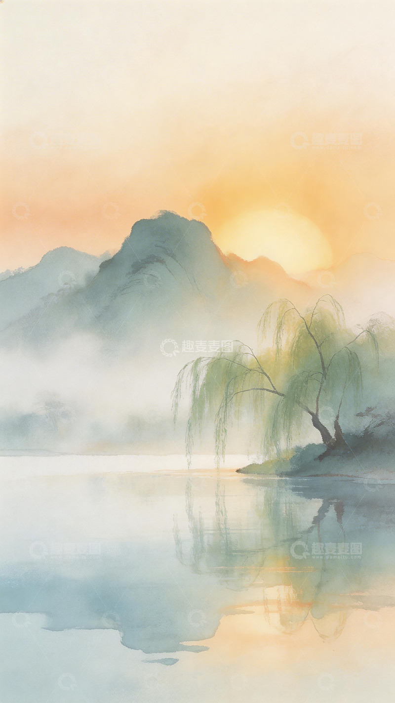 高清大图下载【趣麦麦图】水墨山水日落风光国画