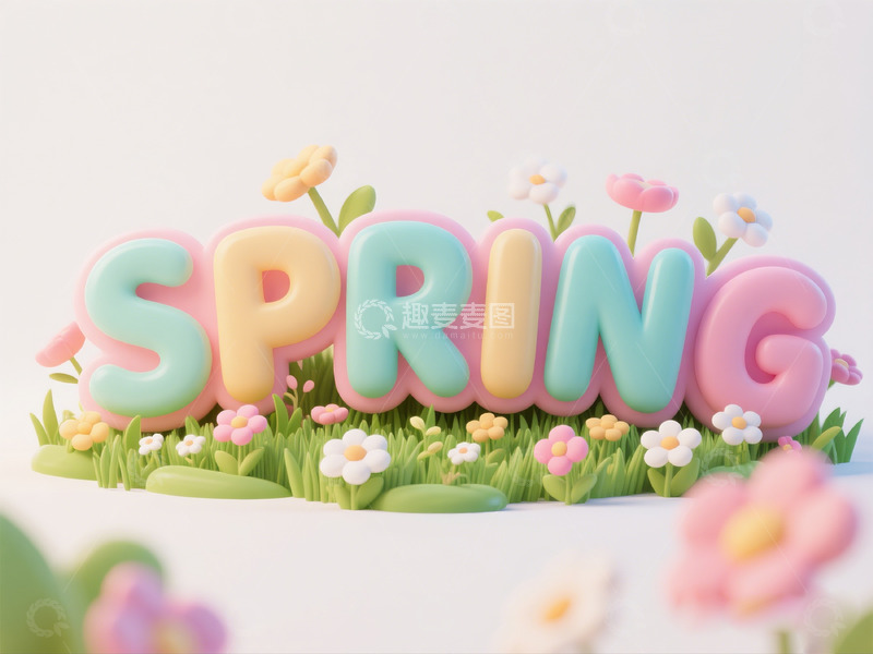 高清大图下载【趣麦麦图】3D弹簧春字花卉装饰设计