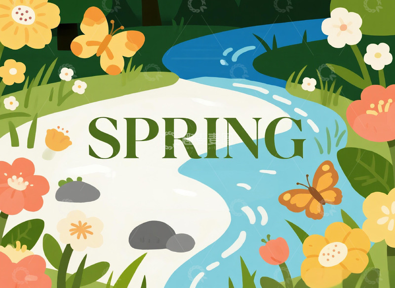 高清大图下载【趣麦麦图】春日溪流花景插画