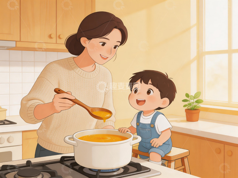 高清大图下载【趣麦麦图】插画风格亲子厨房场景1
