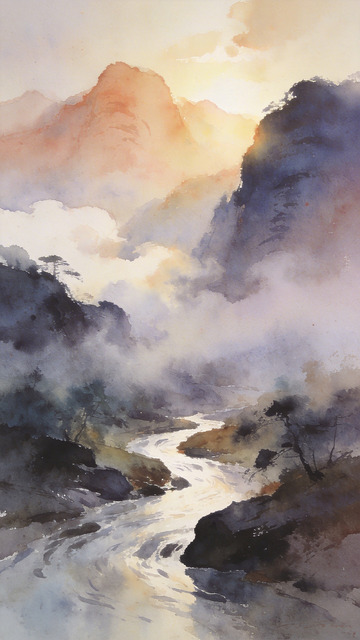 山水水彩画晨曦溪流