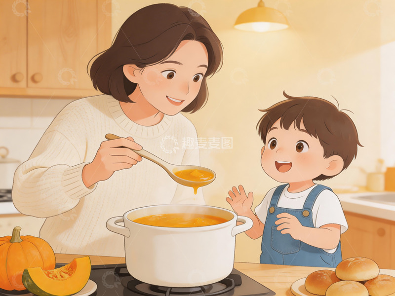 高清大图下载【趣麦麦图】插画风格亲子厨房场景2