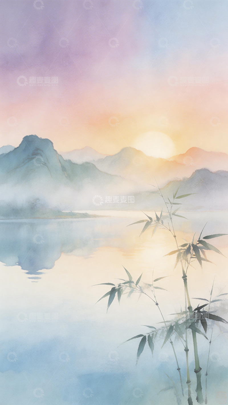 高清大图下载【趣麦麦图】水彩山水竹林日出美景