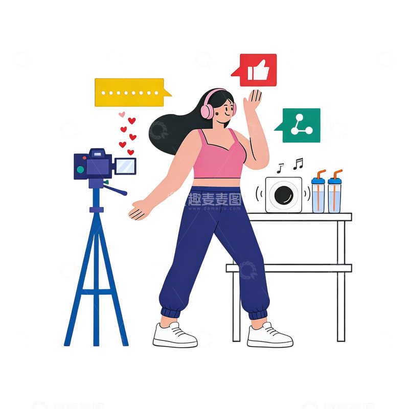 高清大图下载【趣麦麦图】卡通风格扁平化女性直播插画元素