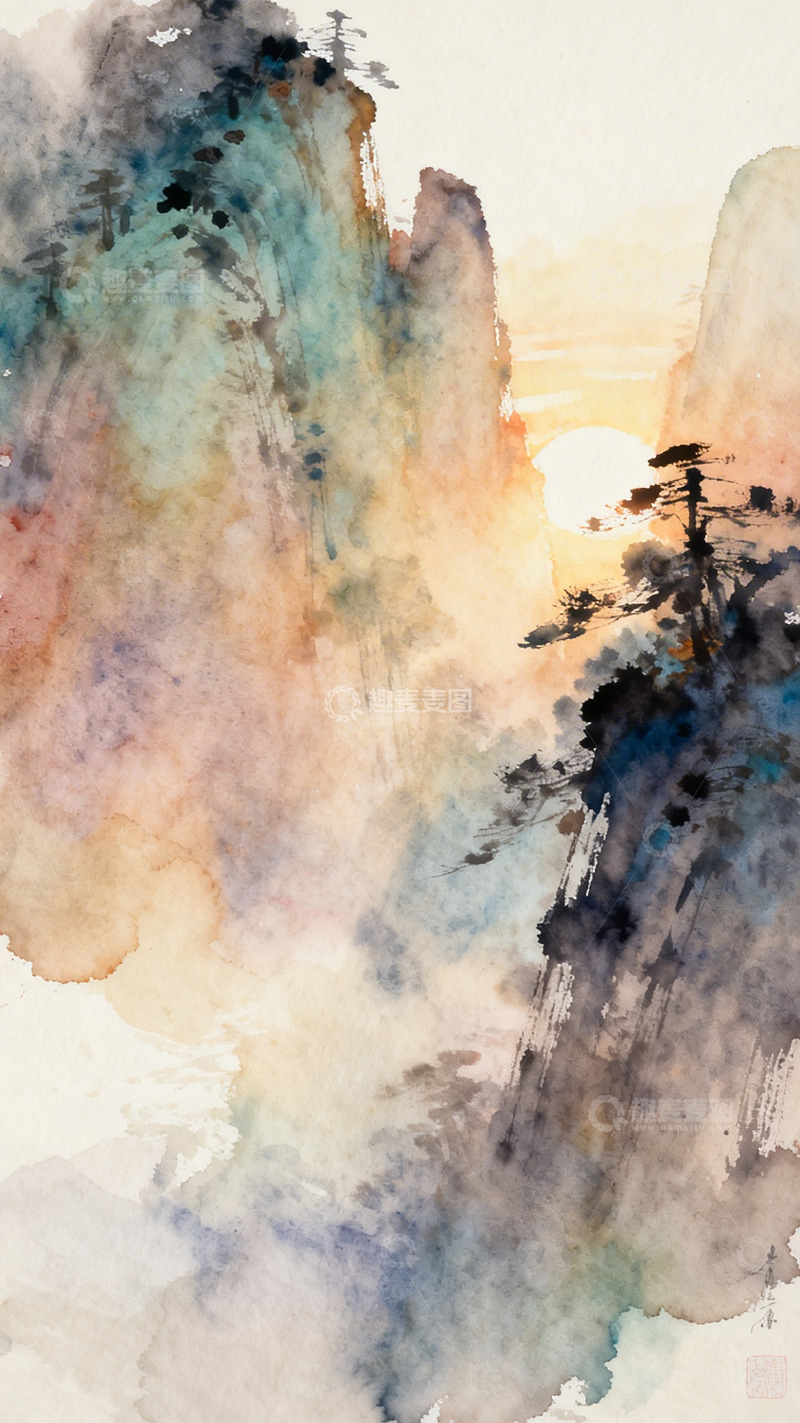 高清大图下载【趣麦麦图】水彩山水日落美景水墨画