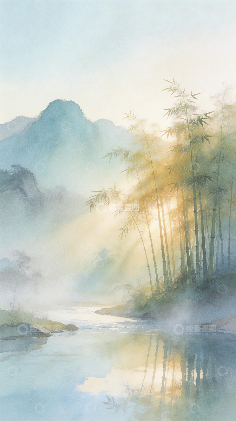 高清大图下载【趣麦麦图】水墨山水竹林晨曦
