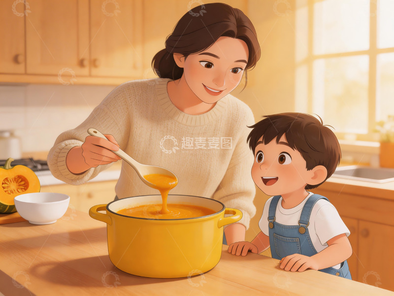 高清大图下载【趣麦麦图】插画风格亲子厨房场景4