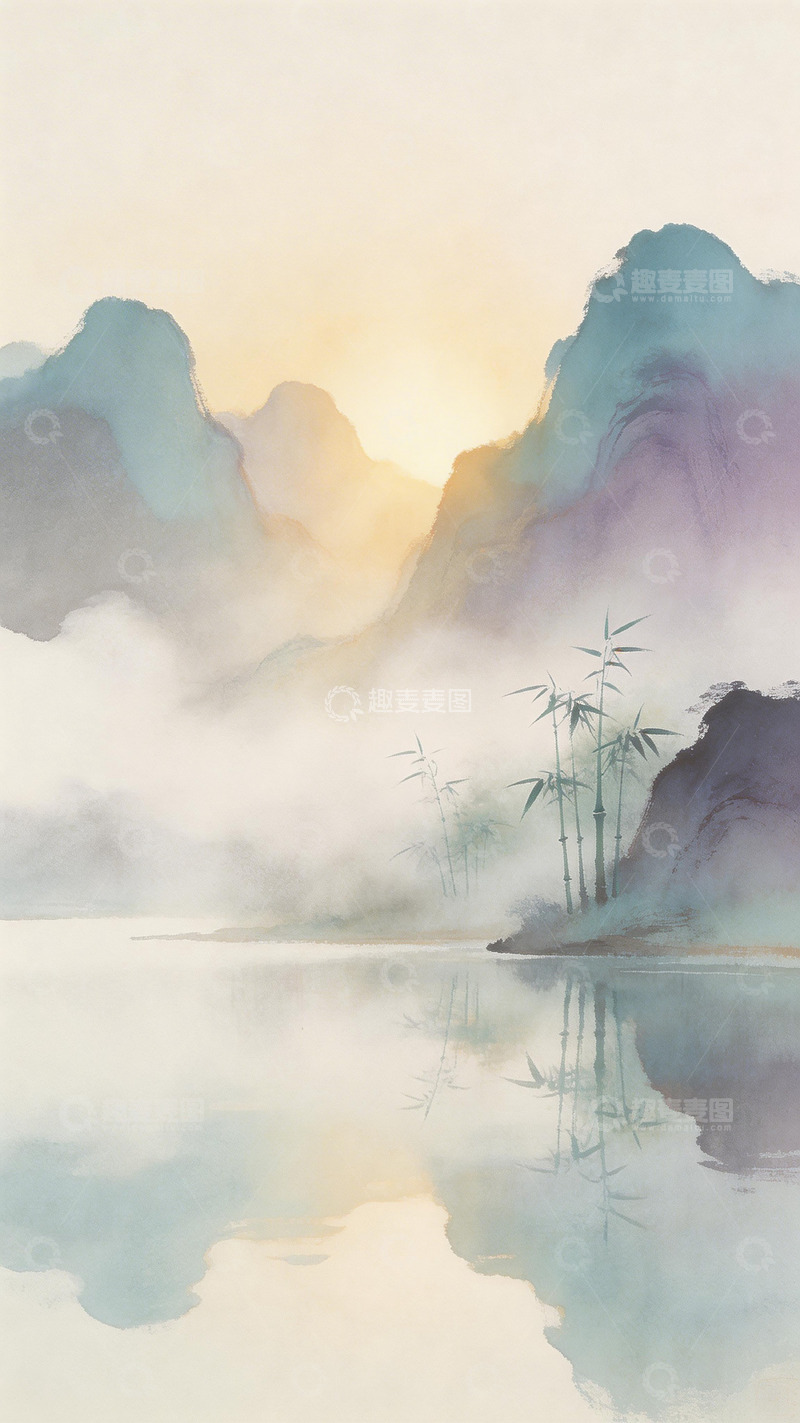 高清大图下载【趣麦麦图】水墨山水竹林晨曦图