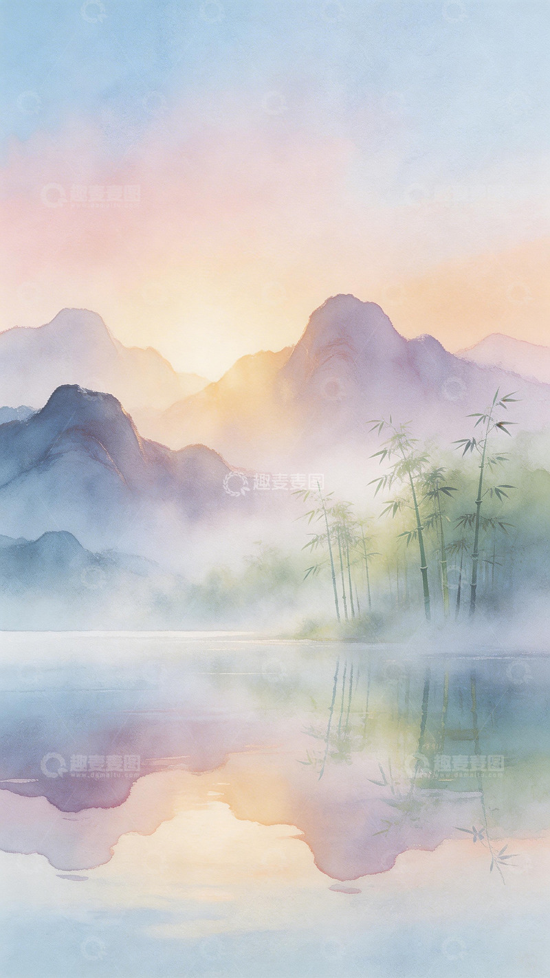 高清大图下载【趣麦麦图】水彩山水竹林风景画