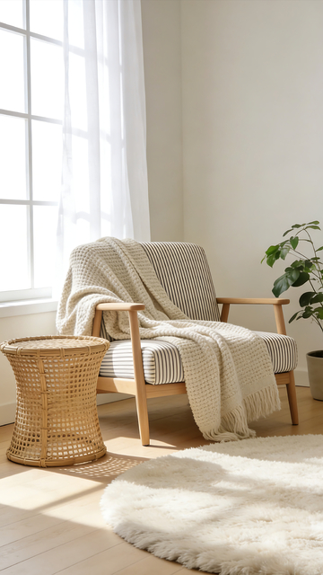 简约高级室内家居沙发藤编凳场景商业照片
