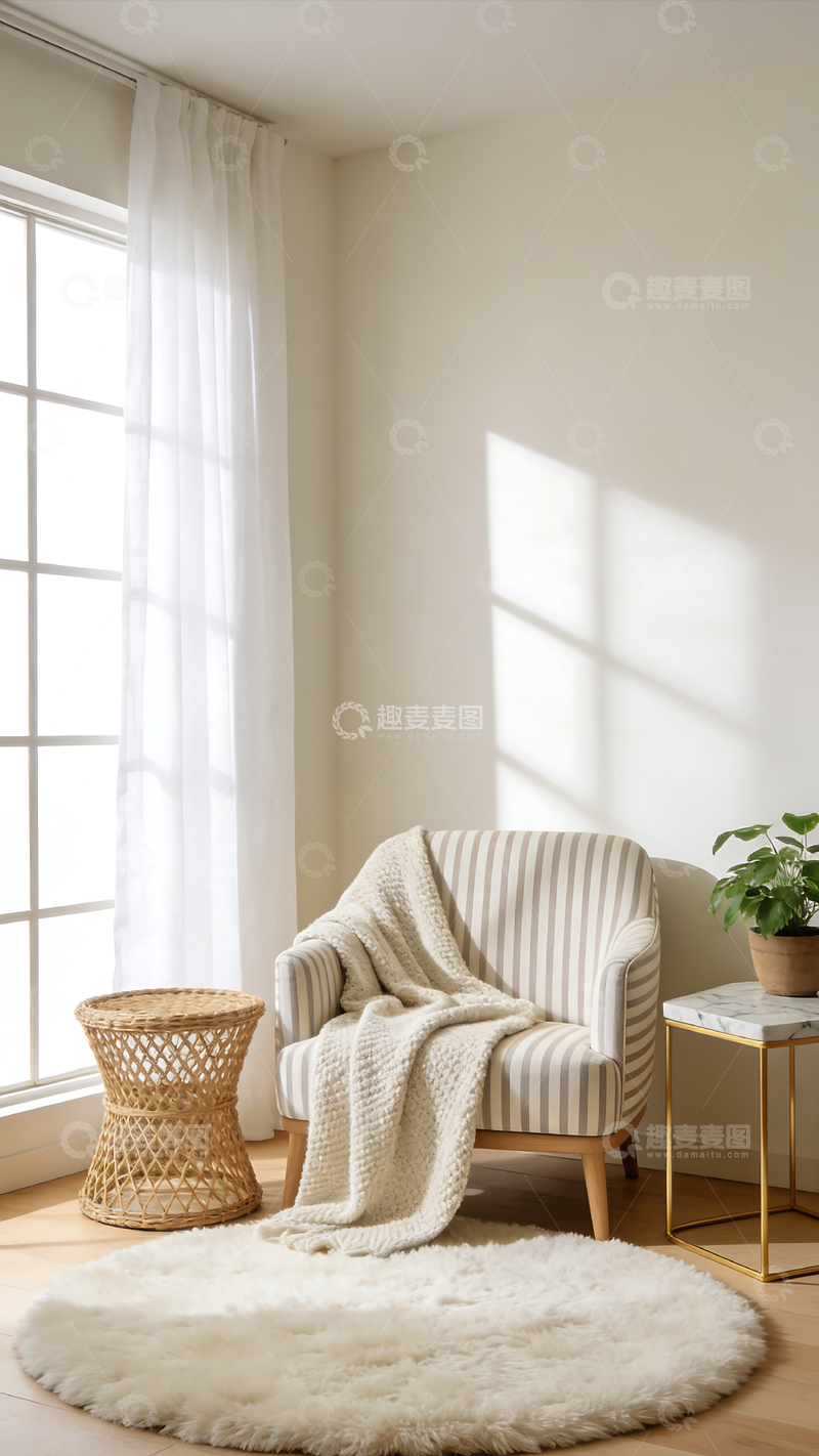 高清大图下载【趣麦麦图】简约风室内家居沙发藤编凳场景商业摄影